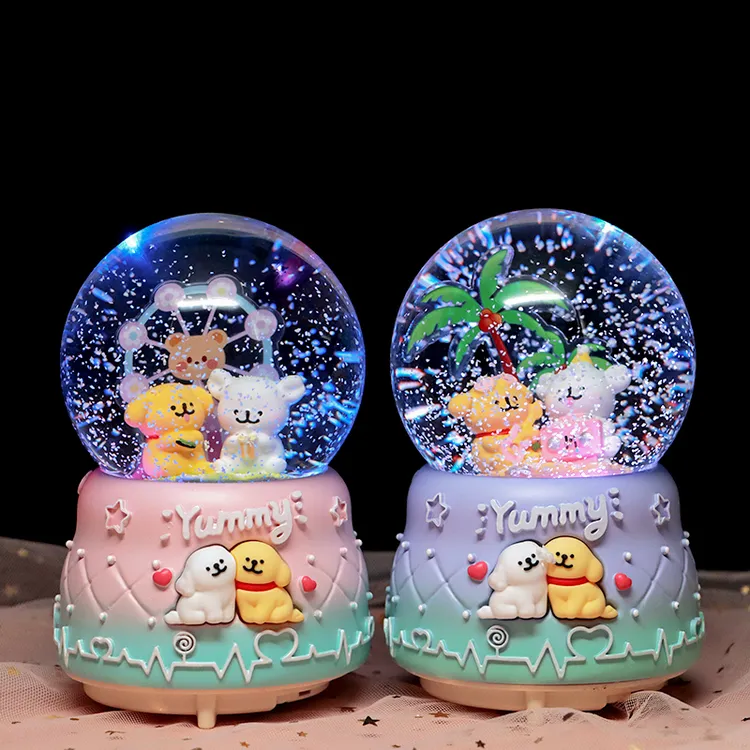 网红线条小狗水晶球八音盒自动飘雪旋转音乐盒女孩儿童生日礼物