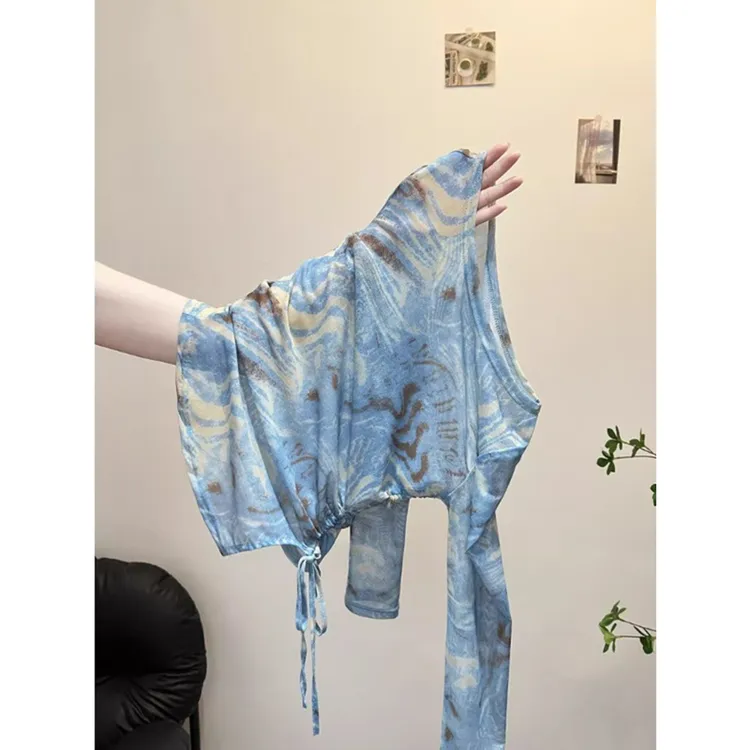 法式扎染网纱防晒罩衫女秋季薄款不规则纯欲辣妹抽绳长袖T恤上衣