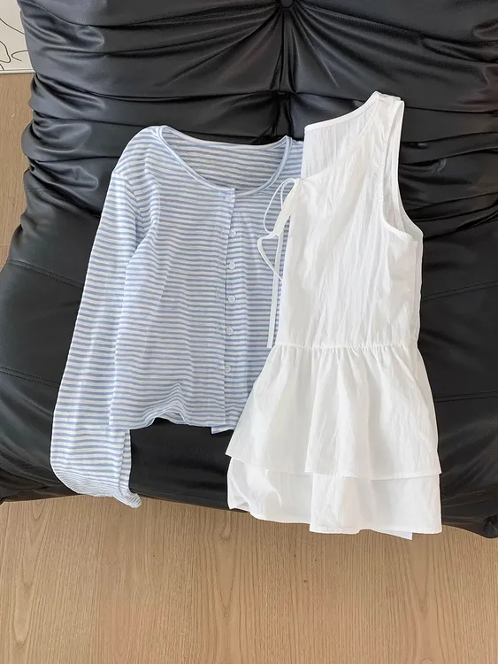 一整套ootd穿搭夏日绝美套装女2025新款针织开衫白色背心裙两件套