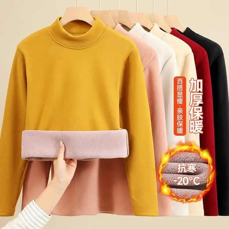 加绒加厚打底衫女秋冬新款半高领奥粒绒保暖长袖T恤内搭保暖上衣商品图