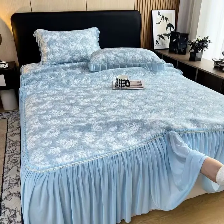 新款夏季A类莫奈玫瑰冰丝乙纶软凉席三件套轻奢高档提花床裙机洗