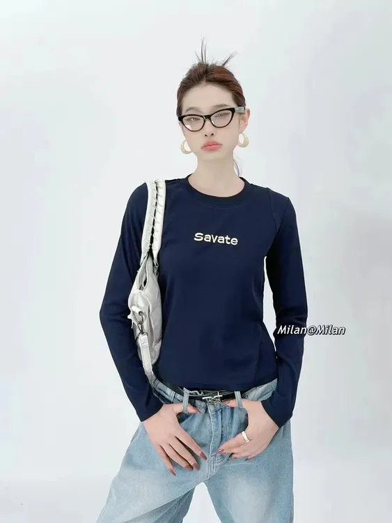 2025春秋时尚百搭休闲户外修身刺绣字母圆领长袖打底6512#