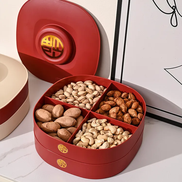 过年糖果盒红色福字家用干果盒客厅瓜子零食坚果分格收纳果盘