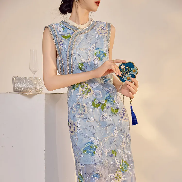 新中式夏季新款重工刺绣亮片长裙女国风时尚拼接设计连衣裙 N5042
