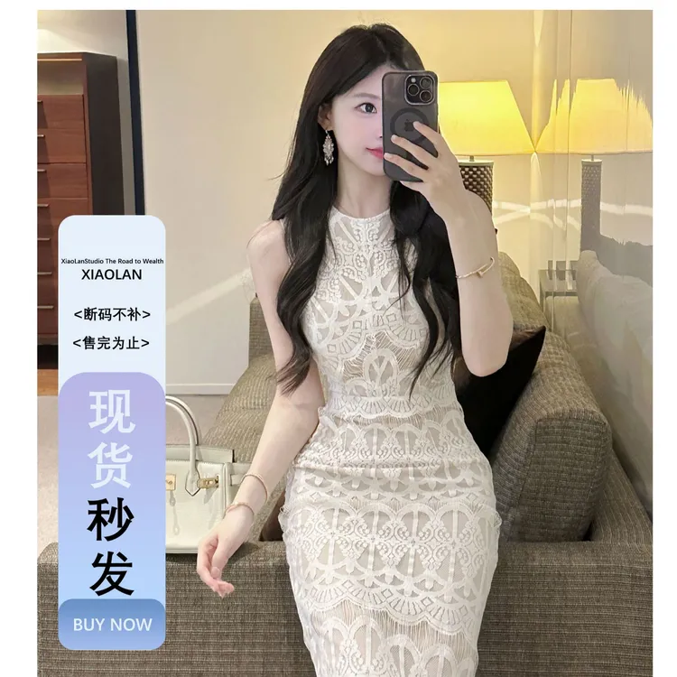 小岚同学「花屿漫夏」法式静奢蕾丝时尚夏季小众设计感连衣裙