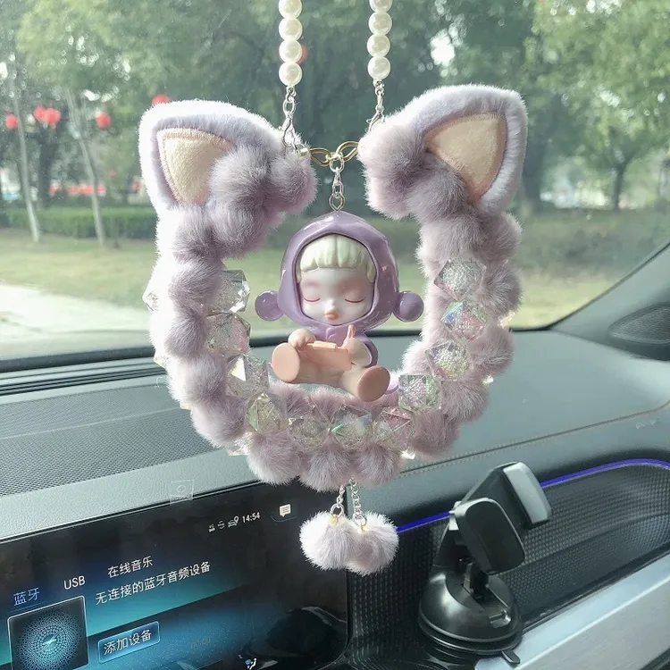 车载挂件 重工毛球猫耳朵满圈成品车挂泡泡玛特温度系列 车载装饰