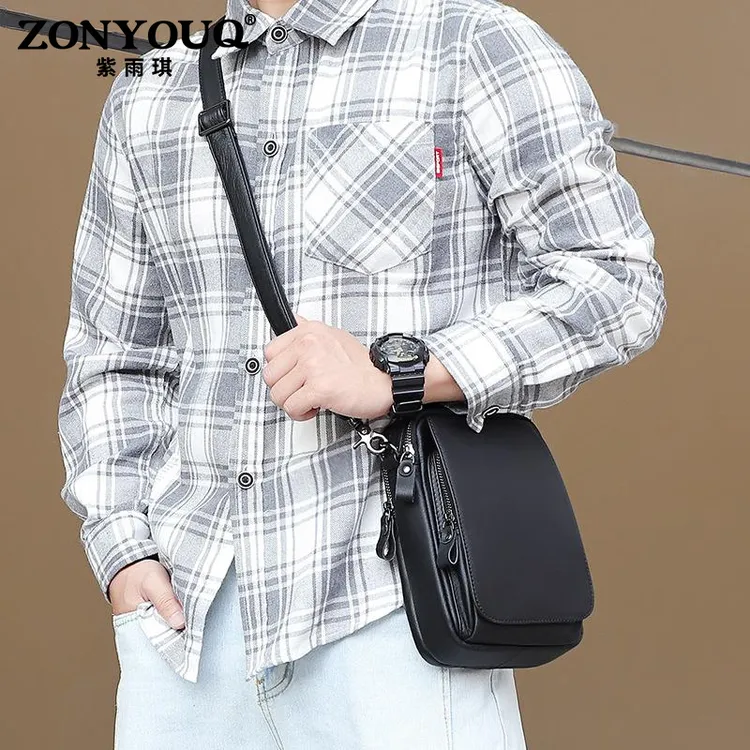 紫雨琪男士轻便百搭小挎包单肩斜挎包休闲牛皮时尚男包潮流胸包