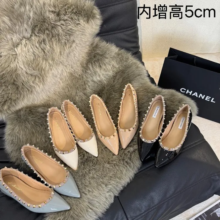 小个子内增高5cm新款尖头单鞋套脚法式铆钉网红时尚气质浅口女鞋