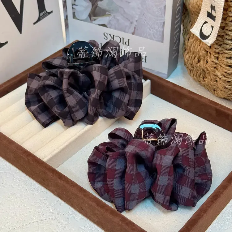2025年韩系格子云朵泡泡抓夹气质百搭韩系鲨鱼抓夹发夹网红