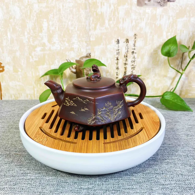 230ml山水三足六方壶 钦州坭兴陶手工茶壶 高档创意陶瓷商务礼品