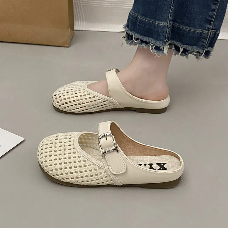 【万达撤柜】平底镂空包头凉拖鞋女夏季新款编织软底玛丽珍沙滩半拖