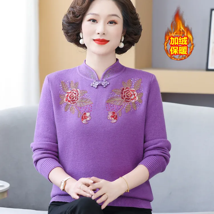 妈妈装冬季加绒毛衣高档针织打底中老年女装宽松一体绒保暖上衣