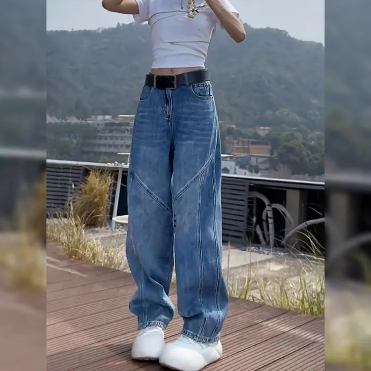 浅色立体镰刀弯刀牛仔裤女春季大码胖mm高腰垂感阔腿香蕉裤