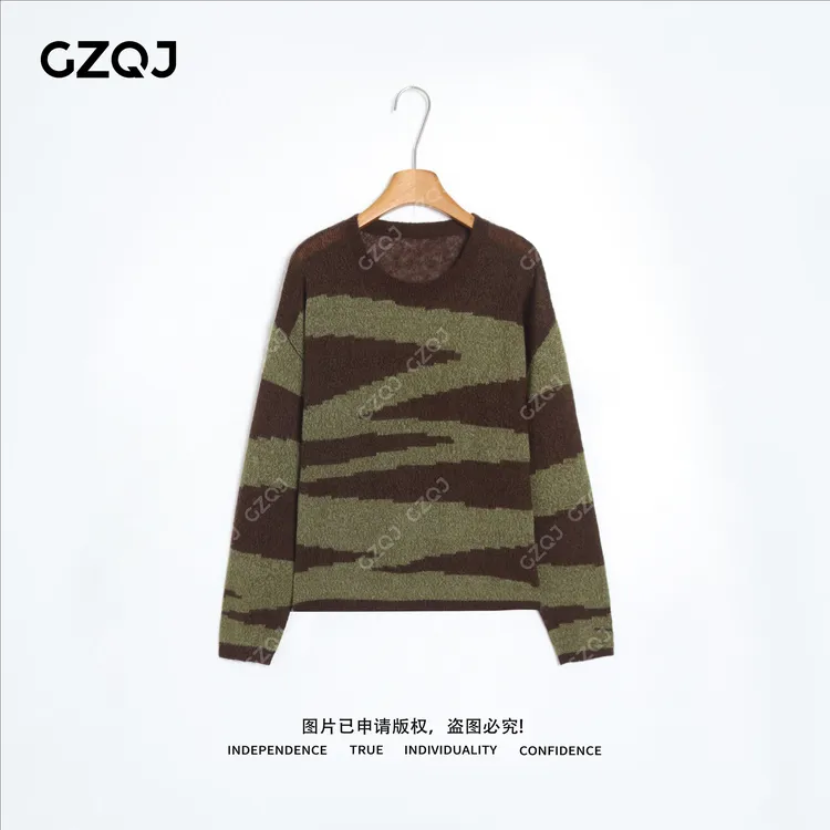 老琴私服【斑马条纹】高级感慵懒风拼色套头圆领长袖毛衣女6061