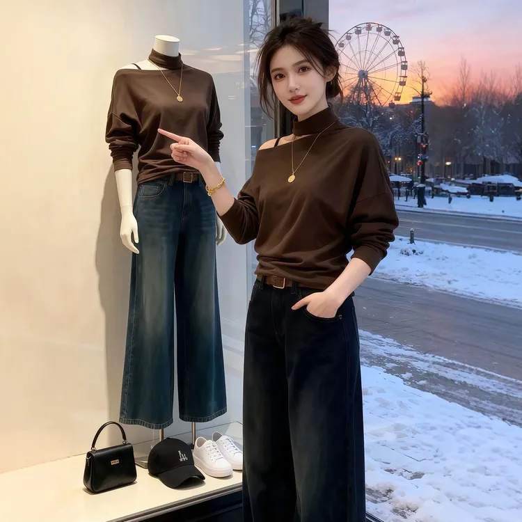 高级感秋冬季挂脖露肩长袖内搭上衣ins设计感修身显瘦磨毛t恤打底