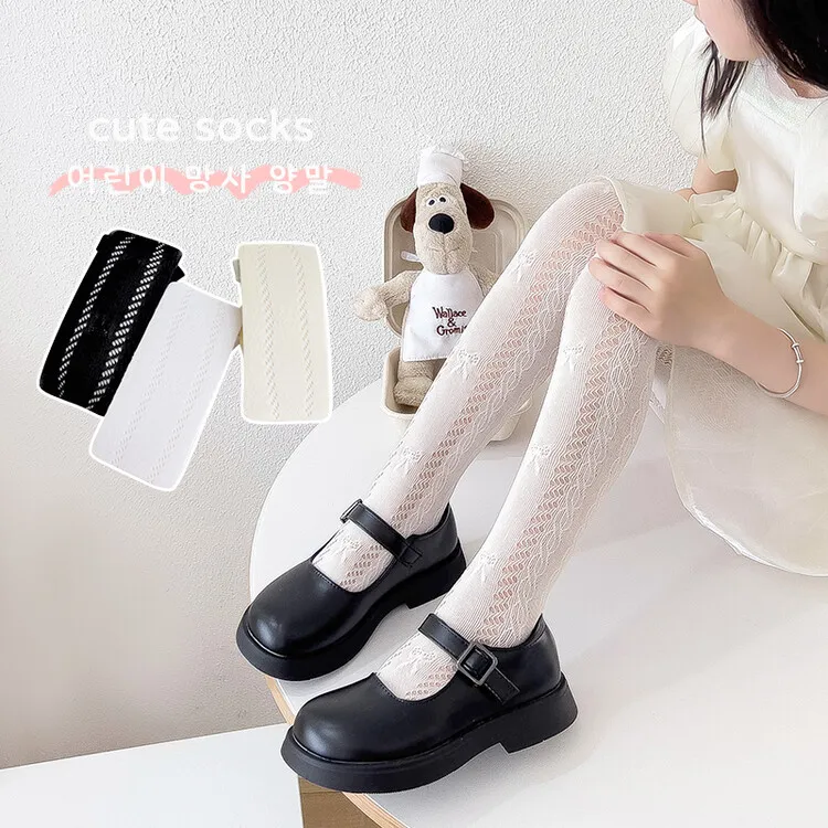 戴维贝拉夏新款侧边钩花防勾丝暗纹洛丽塔风女童连裤袜黑色中小童