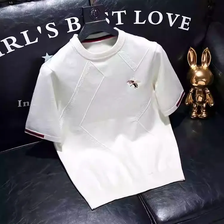 小蜜蜂男士短袖毛衣欧洲站欧货冬季加厚圆领半袖针织打底羊毛衫男