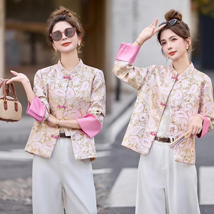 新中式国风提花外套女2025年春秋新款高级感气质复古盘扣短款上衣