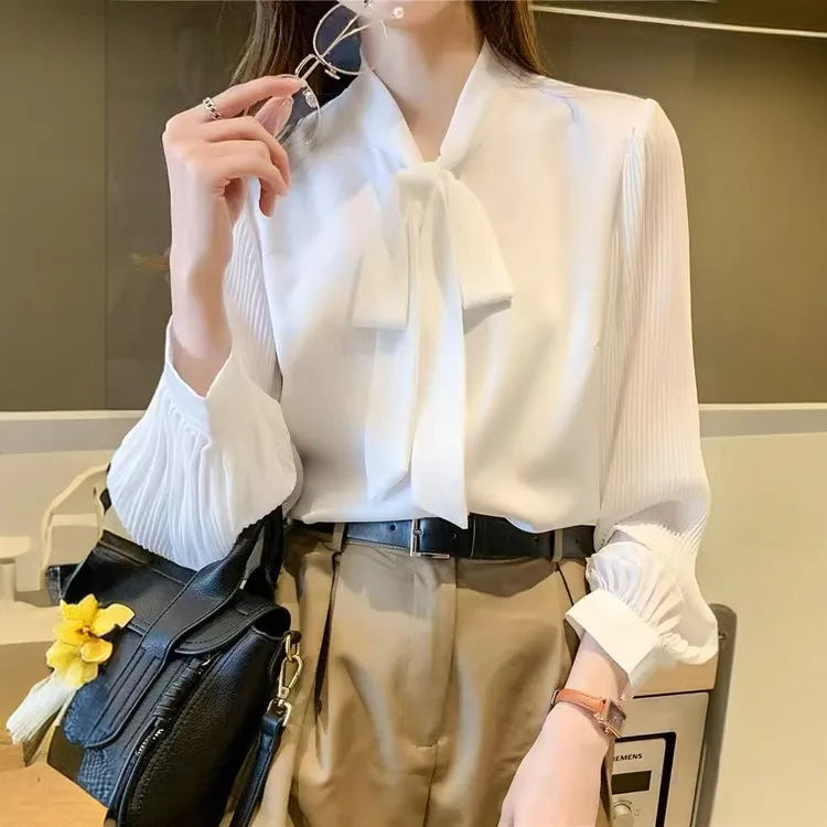 [9158]法式蝴蝶结白色衬衫女2025春季新款雪纺飘带领宽松长袖上衣