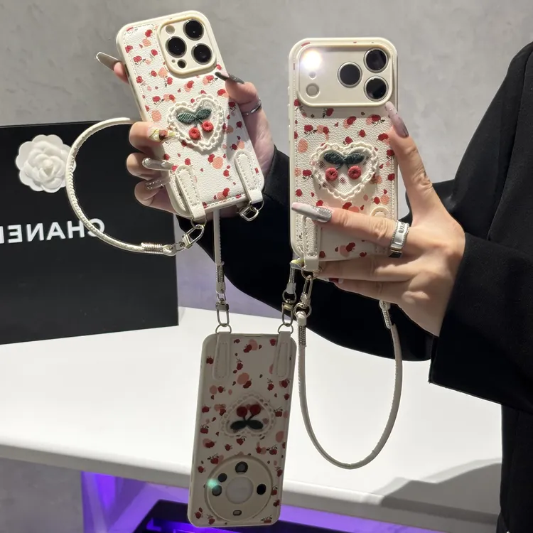 BANCA樱桃刺绣适用苹果16挂绳17pro手机壳iPhone15小米14vivo华为