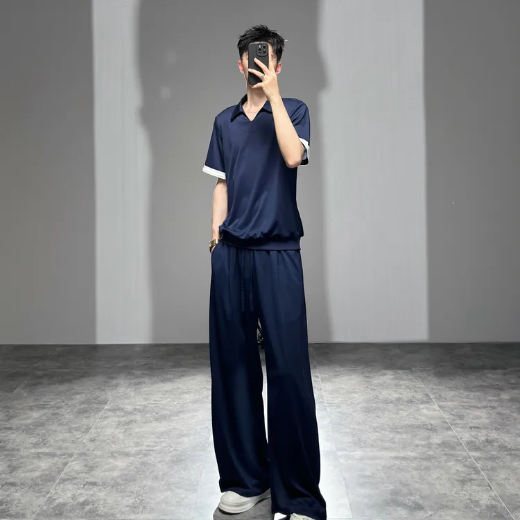 莱德的搭配 套头V领polo衫短袖套装男时尚薄款宽松阔腿裤两件套潮