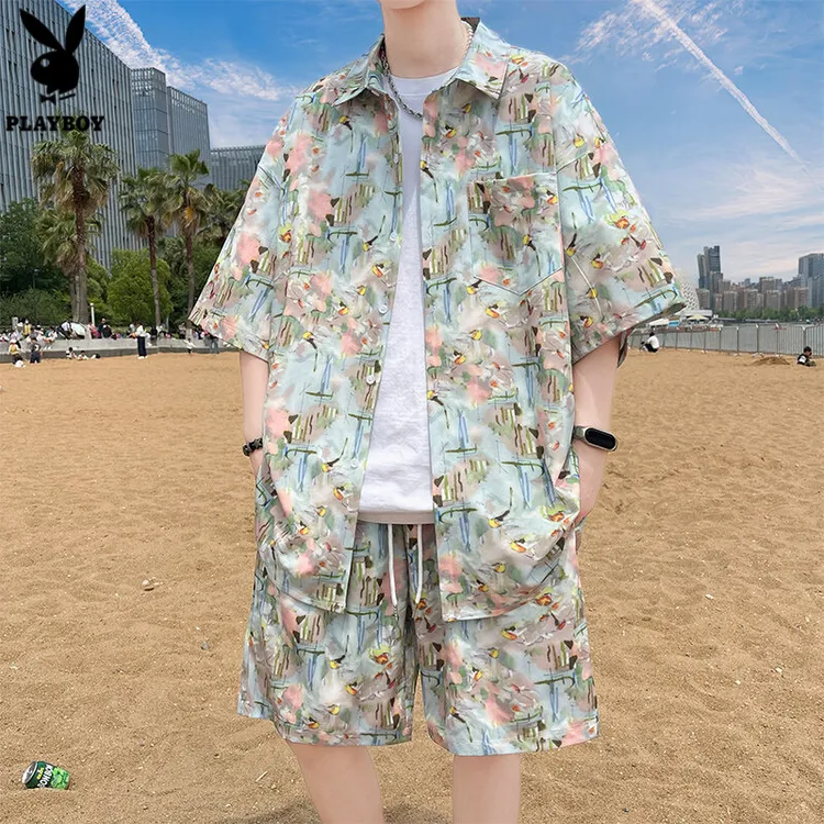 花花公子沙滩衬衫短袖男套装2025新款夏季冰丝凉感花衬衣男生出游