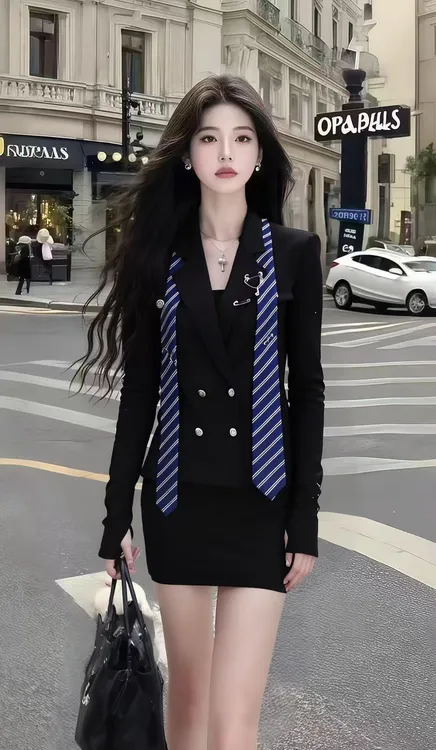 轻奢设计感轻熟风黑色设计感翻领长袖外套+黑色包臀半身裙两件套