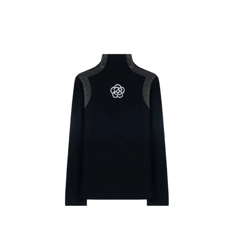 现货【幸运花】半高领秋季欧货轻奢重工烫钻黑色显瘦气质百搭打底衫