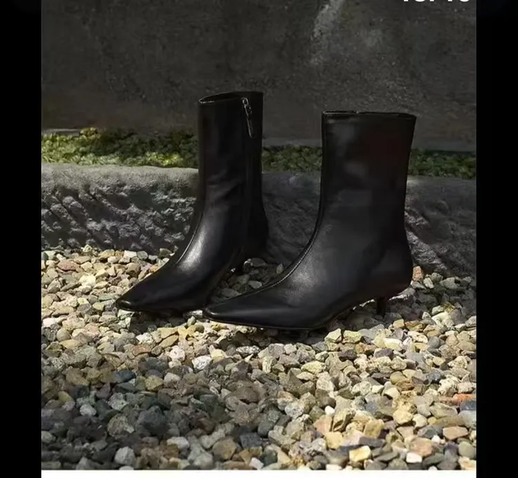 秋冬全皮法式方头猫跟气质瘦瘦靴时尚简约靴子女