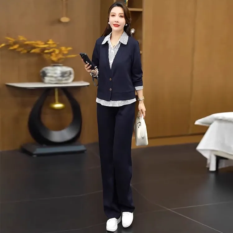 时尚高级感套装女2025秋季新款假两件拼接条纹衬衫上衣显瘦两件套