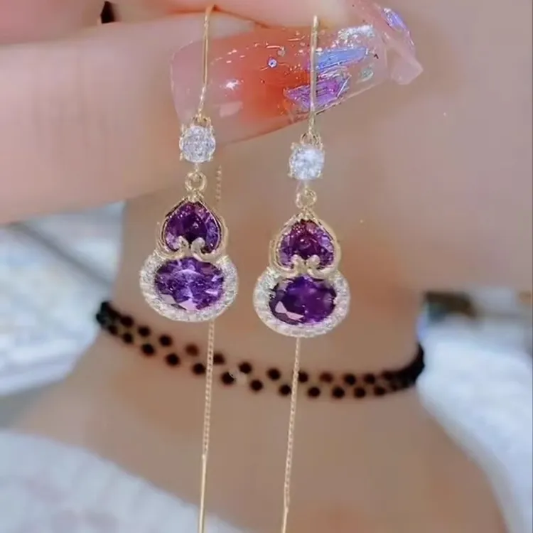 合金陶瓷耳饰 新中式复古紫色葫芦耳线女防丢设计感优雅气质耳环