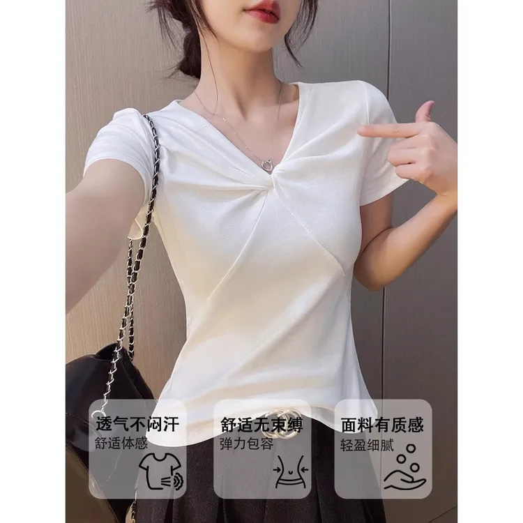 2025夏季新款短袖优雅T恤纯色V领扭结显瘦正肩修身洋气独特时尚