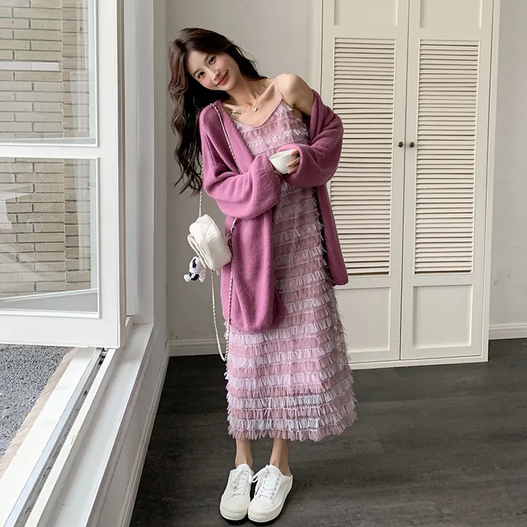 紫色针织开衫吊带连衣裙套装女早秋2025新款宽松慵懒风两件套超火