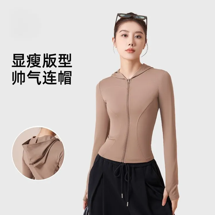 新款连帽防风女秋冬拇指时尚拉链透气骑行服跑步显瘦袖口瑜伽外