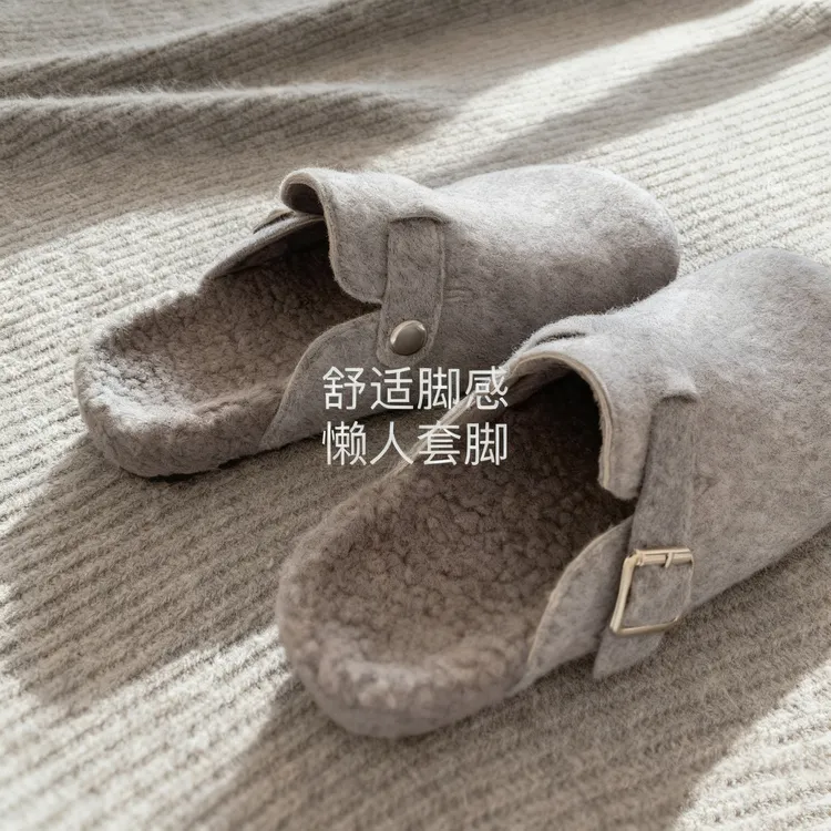 安哥拉云灰~INS雨彤同款灰呢子加绒勃肯鞋女秋冬2025新款高级慵懒