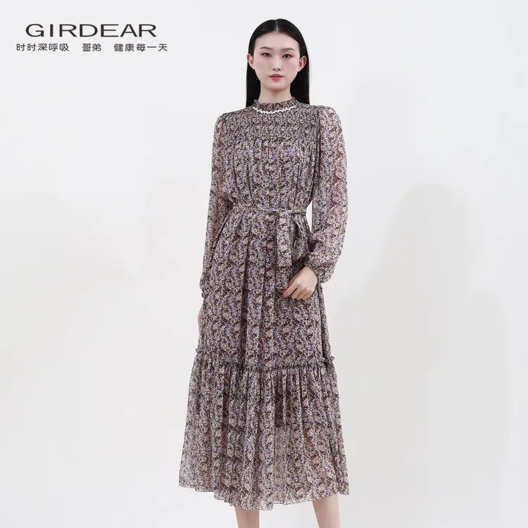 Girdear/哥弟新款时尚气质法式优雅碎花显瘦长袖女装连衣裙150034