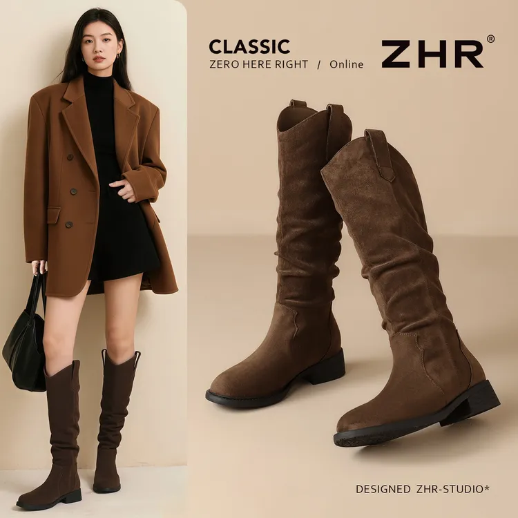 ZHR/则则加绒保暖堆堆靴女2025冬新款复古粗跟长筒靴美拉德瘦瘦靴