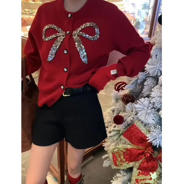 露丝同款亮片蝴蝶结毛衣开衫4773#