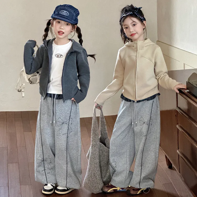 女童秋季外套套装2025新款女大童双面德绒连帽上衣儿童卫裤两件套