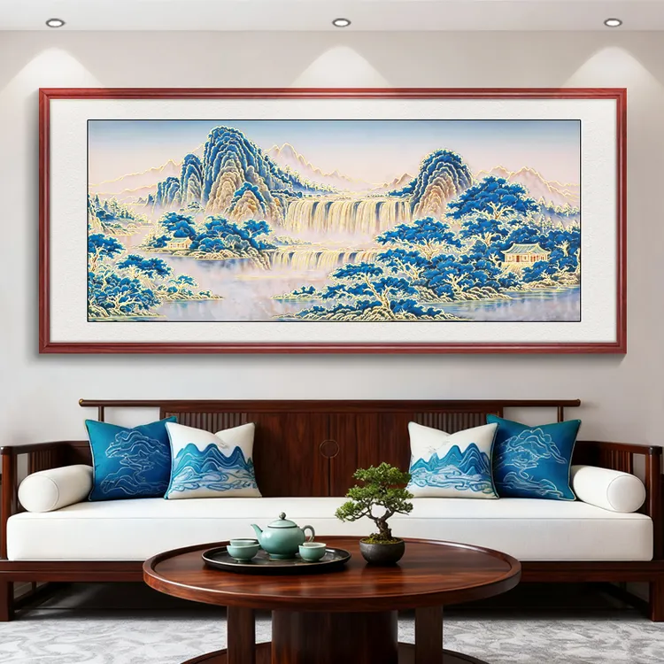 浮雕描金青山叠翠图山水画新中式客厅装饰画沙发背景墙挂画