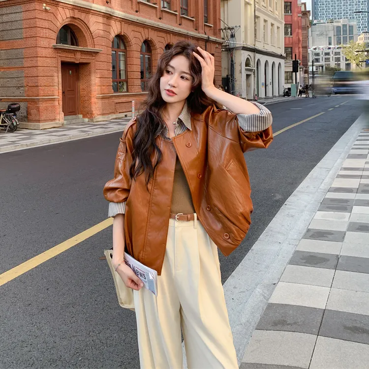 复古甜酷风条纹拼接皮衣外套2025春秋新款松弛感炸街美拉德风夹克