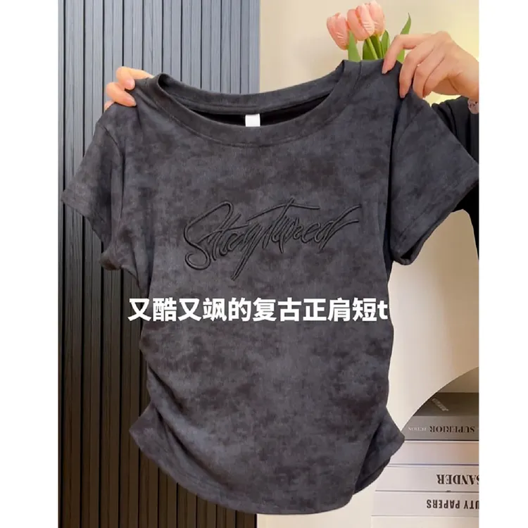 大码200斤休闲风扎染圆领正肩字母刺绣短袖t恤女掐腰显瘦设计上衣