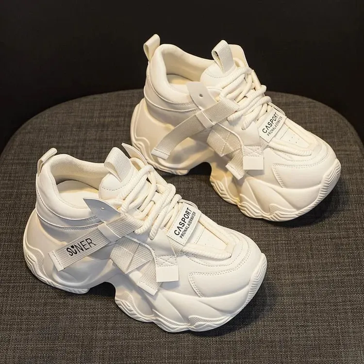 万达撤柜头层牛皮厚底内增高老爹鞋女2025秋冬新款松糕运动小白鞋