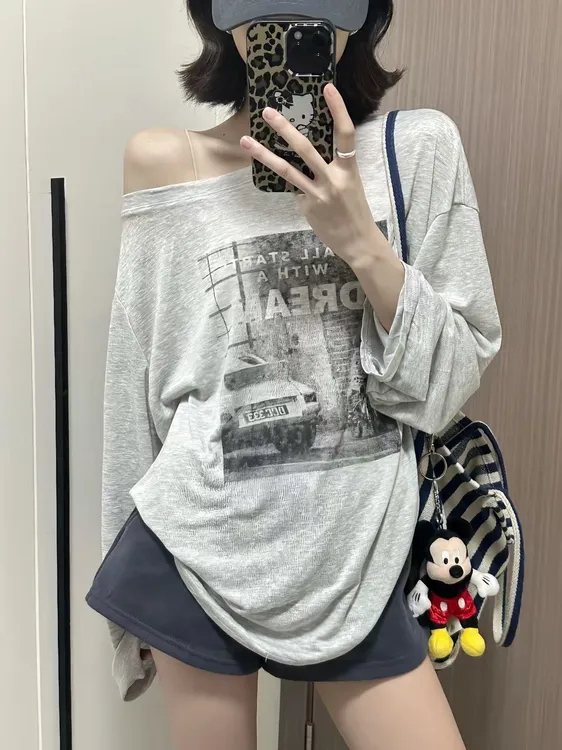 辣椒酱 欧美印花斜肩长袖上衣女宽松慵懒休闲防晒衫空调衫潮