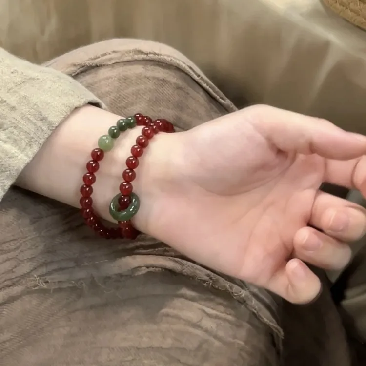 天然红玛瑙手串和田玉跑环水晶手链女款新中式复古风红绿水晶手串