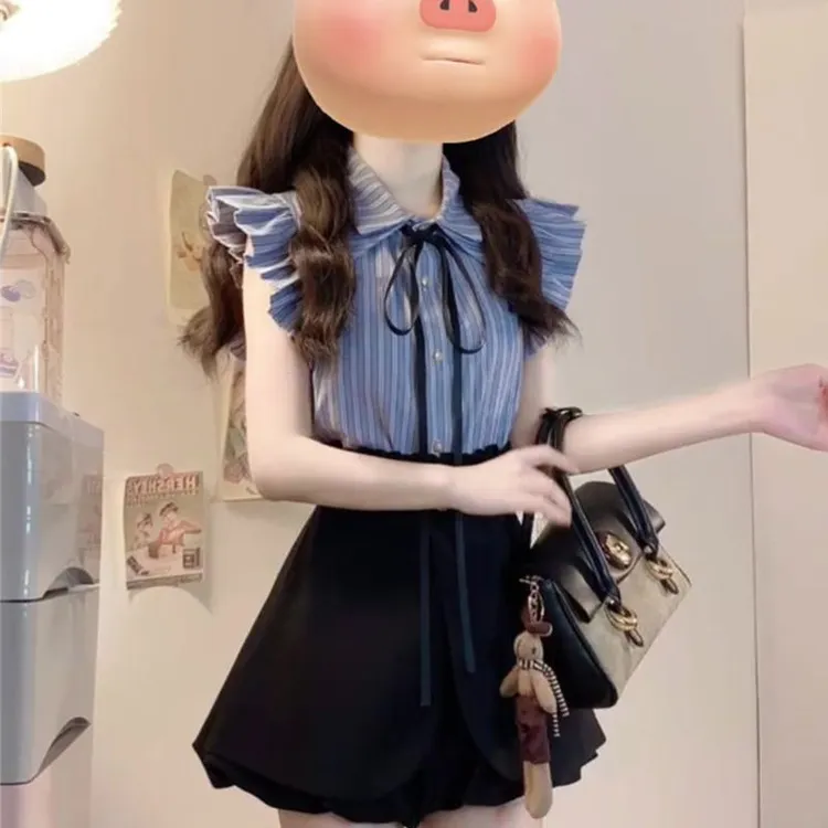 学院风显瘦飞飞袖条纹衬衫女夏季设计感收腰高腰花苞短裤裙两件套