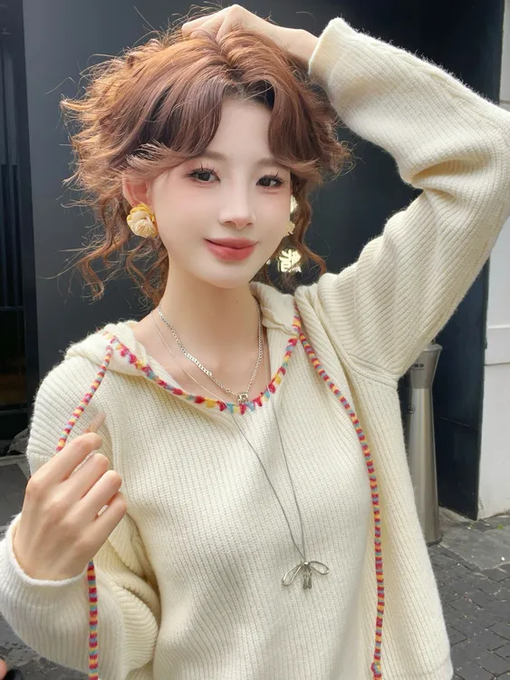 温舒敏【赫马芬假日】复古慵懒百搭休闲彩色连帽毛衣上衣MQ8253209