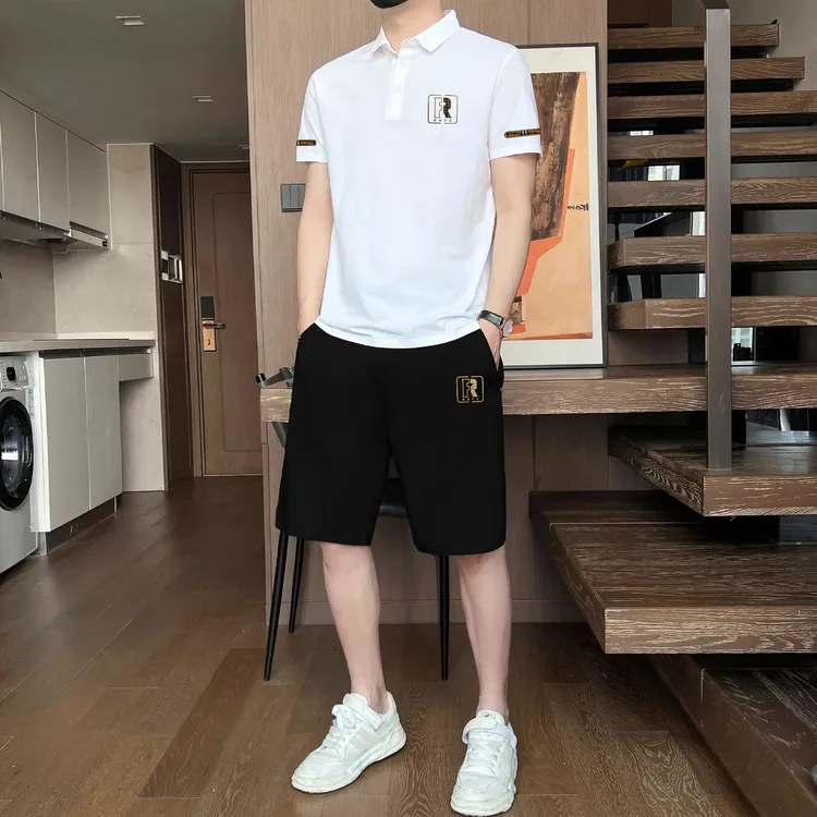 夏季休闲短裤套装男士2025新款冰丝凉感短袖轻奢无痕POLO衫两件套