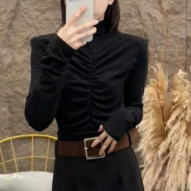 修身显瘦打底t恤上衣2025秋装新款韩版褶皱设计感舒适百搭女潮