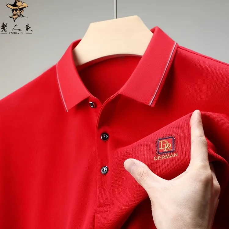 香港老人头男士休闲短袖t恤衫夏季半袖纯色翻领中年红色薄款装